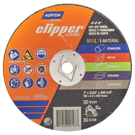 NORTON CLIPPER Clipper Classic AC AOSC Series Cutoff Wheel, 7 in Dia, 332 in Thick, 58 in Arbor 70184609147